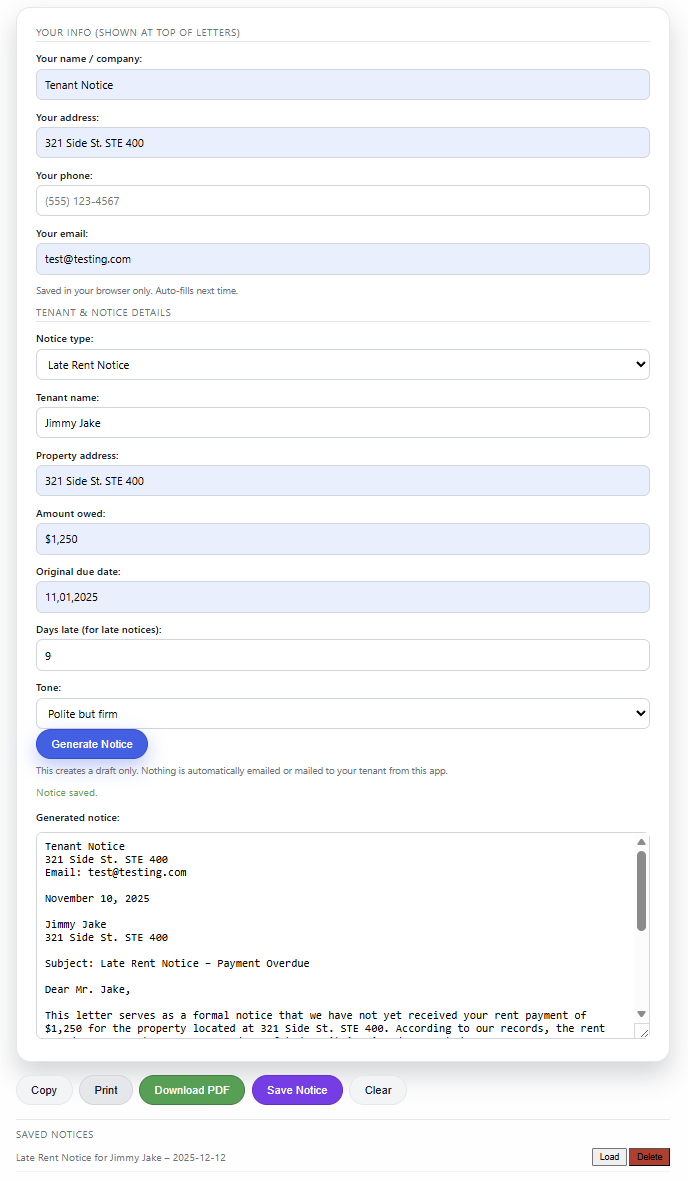 Tenant Notice app screenshot